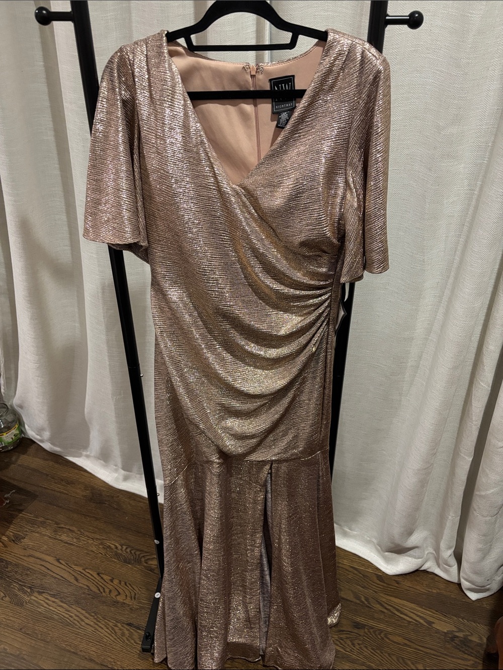 Metallic Rose Gold V-Neck Ruched Evening Dress by NW NIGHTWAY
